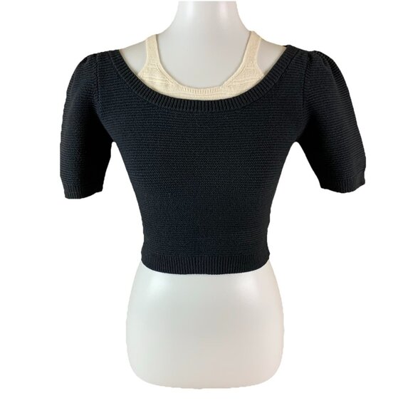 Calvin Luo S Black Cream Knit Short Sleeve Cropped Sweater Layered Look Chic - Picture 1 of 4